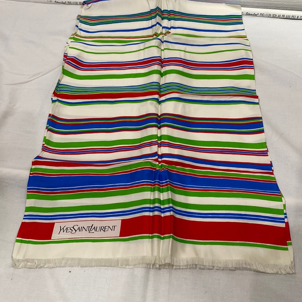 Yves Saint Laurent long 100% silk striped scarf with fringe